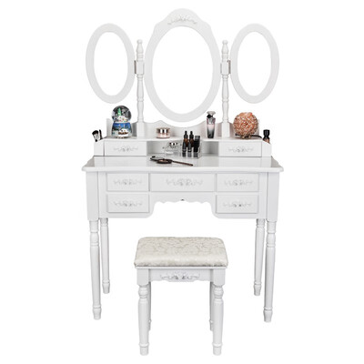 

Vanity Dressing Table Set Foldable 3 Mirrors & 7 Drawers Makeup Dressing Table with Cushioned StoolWhite