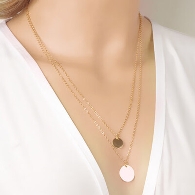 

Women Retro Golden Geometry Wafer Sequins Pendant Charm Double Chain Necklace
