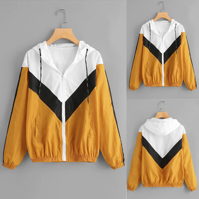 

〖Follure〗Womens Long Sleeve Patchwork Thin Skin Hooded Zip Stitching Outwear Coat