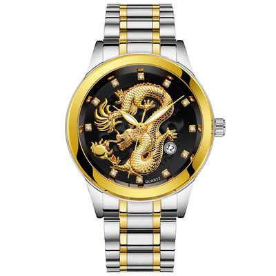 

Gobestart Waterproof Mens Gold Dragon Sculpture Quartz Watch Luxury Men Steel Wristwatch