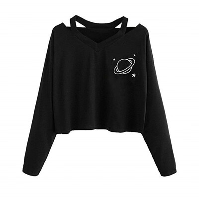 

Spring Atutunm Womens Casual Short t shirt Hollow Out V Neck tshirt Harajuku Planet Printed Long Sleeve Shirt Women