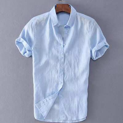 

Mens Tops T-Shirts Cotton Linen Solid Color Lapel Button Short Sleeve Clothing