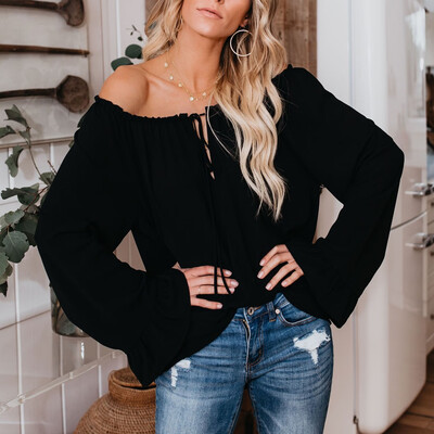 

Starmoon Womens Off The Shoulder Tops Long Bell Sleeve Flared Casual Loose Blouses Shirts