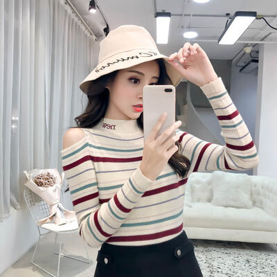 

Fashion Stripes Print Women Sweater Autumn Winter New Slim Long-Sleeved Round Neck Sexy Slim Bottom Knit Sweater