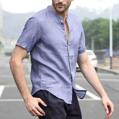 

Toponeto Mens Baggy Cotton Linen Solid Short Sleeve Button Retro T Shirts Tops Blouse