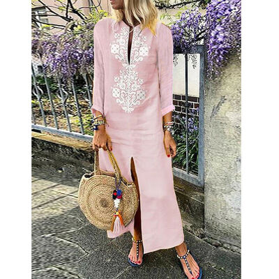 

Womens Fashion Kaftan Cotton Linen Long Sleeve Casaul Maxi Long Shirt Dress