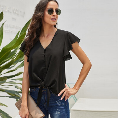 

Womens solid color shirt V-neck short-sleeved knotted top