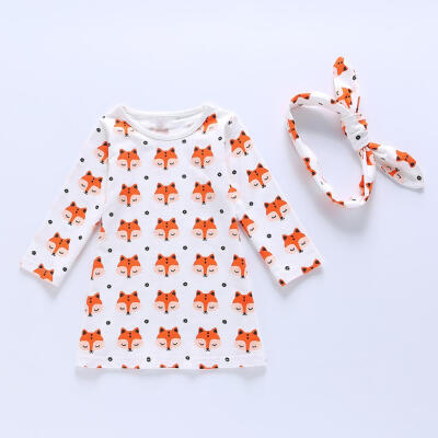 

2pcs Autumn Sweet Clothes Set Girls Cartoon Animal Print Kid Dress Headband