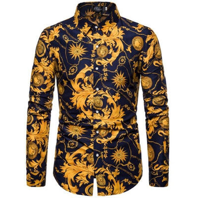 

Male Floral Print Shirt Casual Long Sleeve Top Shirt with Turn-down Collar for Beach Camping