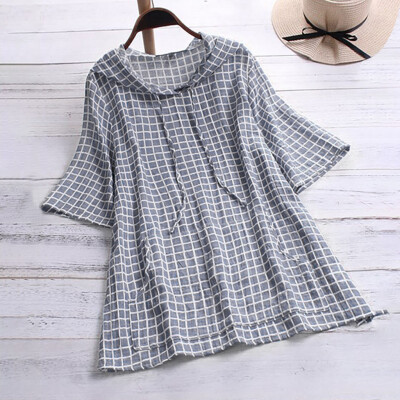 

Starmoon Fashion women Casual Half Sleeve Hoodie Drawstring Plaid Tops Blouse