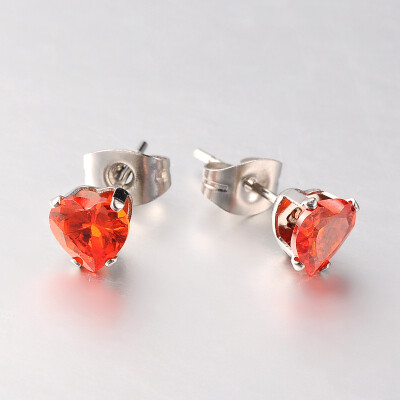 

304 Stainless Steel Pave Cubic Zirconia Ear Studs Heart Stainless Steel Color OrangeRed 8x8x5mm Pin 07mm