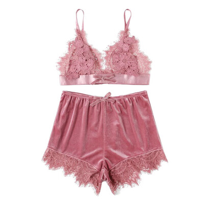 

Toponeto New Women Embroidered applique Bra&Velvet Shorts Underwear Lingerie Sets