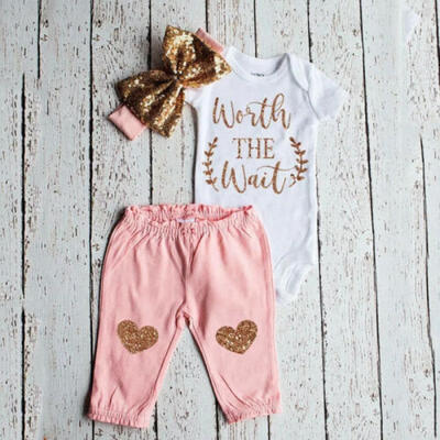 

UK Newborn Baby Girl Short Sleeve Tops Romper Pants Headband Outfits Clothes Set