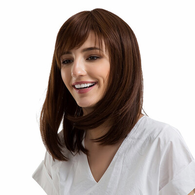 

Gobestart Ladies Human Hair Brown Wigs With Bangs StraightCurly Middle Length Wave Wigs