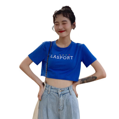 

Womens Casual Fashion Round Neck Letter Print Short Sleeve Pullover Crop Top