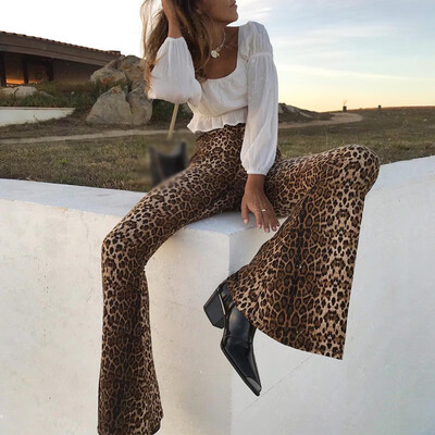 

Womens High Waist Bottom Leopard Python Printed Stretchy Palazzo Flare Pant