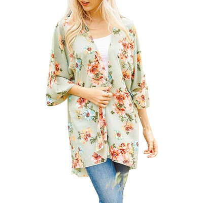 

Casual Women Chiffon Kimono Floral Print 34 Sleeve Vintage Open Cape Cover Up Coat Beach Cardigan