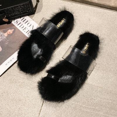 

Early autumn wool slippers womens fashion transparent flat-soled slippers ins set toes students all-embroidered womens shoes