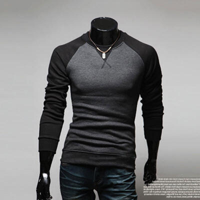 

Patchwork Color Round Neck Long Sleeve Pullover Mens T-Shirt Casual Color Stitching Male Tee Top