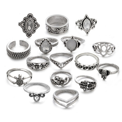 

16 PCSSet Vintage Hand Knuckle Opal Elephant Finger Ring For Women Jewelry
