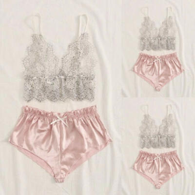 

Summer Women Sexy Pajamas Silk Pijamas Sleepwear Deep V Sling Lingerie Set