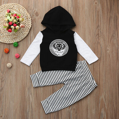 

Infant Baby Boy Long Sleeve Hoodie Strape Print Tops Pants Outfits Clothes Set