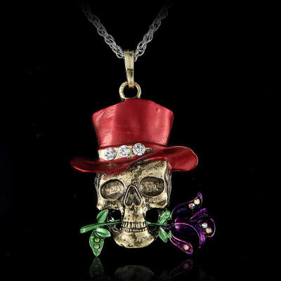 

Long Jewelry Sweater Necklace Clear Crystal Skull Flowers Jewelry Enamel Skeleton Pendants Necklaces Fashion Necklaces For Women