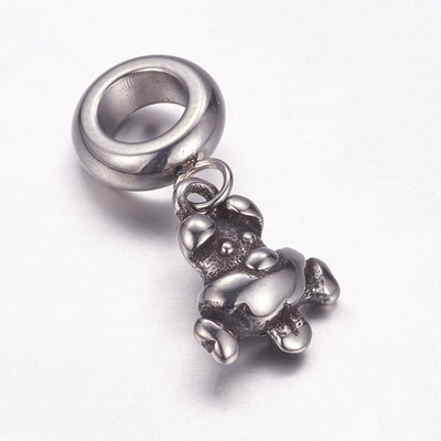 

304 Stainless Steel European Dangle Beads Large Hole Pendants Dog with Bone Antique Silver 22mm Hole 5mm Pendant 12x10x4mm