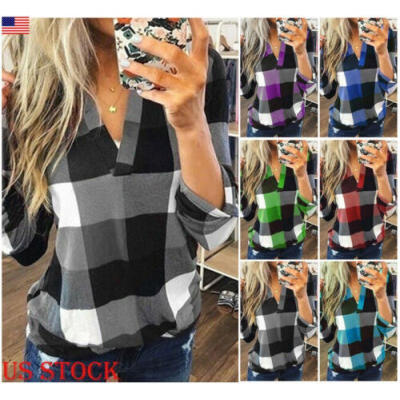 

Fashion Women Long Sleeve Plaid Checked Blouse Shirt Ladies Tunic Top Size -3XL