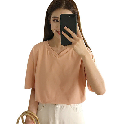 

Womens O-NeckV-Neck Solid Short Sleeve Loose T-Shirt