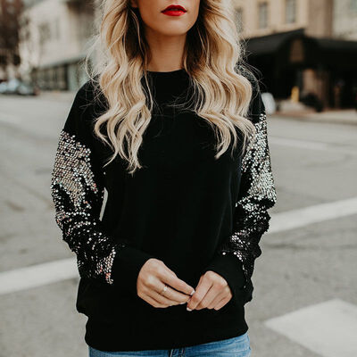 

Women Hoodies Autumn Sequins Slim Long Sleeved Round Collar Slim Casual Tops Black