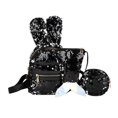 

3pcsset Shiny Sequin School Backpack Women Rabbit Ear Rucksack Purse Bags