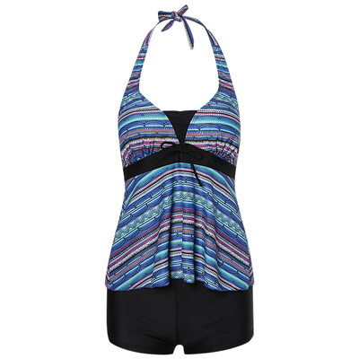 

Halter Striped High Waist Tankini Set