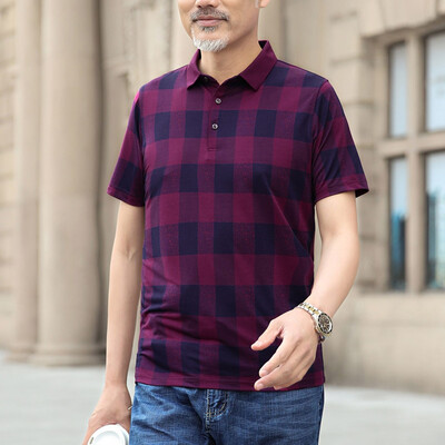 

Tailored Fashion Men Middle-aged Plaid Slim Slim Short Sleeve Turn-down Collar T-shirts