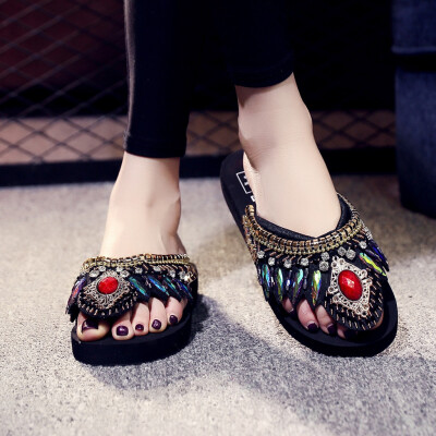 

Rose Summer Womens Fashion Rhinestone Clip Toe Non-Slip Flats Slippers Beach Shoes