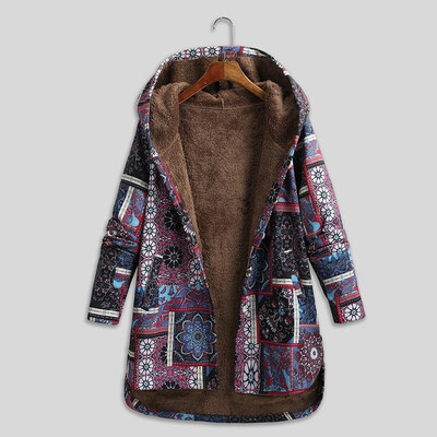 

Women Vintage Loose Hooded Coat Floral Printed Fleeces Lining Buttoned Plus Size Winter Warm Parka Casual Long Coat Outwear