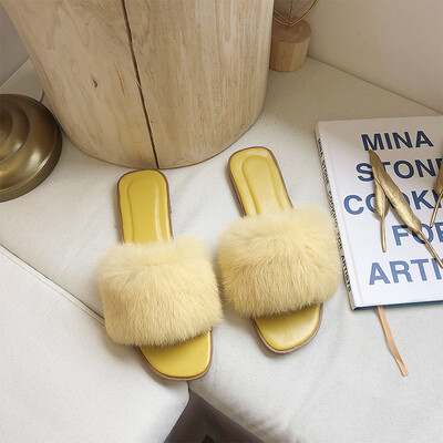 

Summer 2019 Korea retro wear sweet chic Joker net red flat padded mink Mao Mao slippers