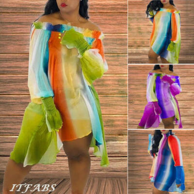 

Summer Women New Off Shoulder Ruffle Gradient Tie Dye Chiffon Pleated Mini Dress