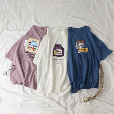 

Womens Casual Round Neck Cartoon & Letters Print Short Sleeve Loose Pullover T-Shirt