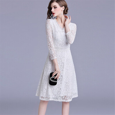 

2018 Autumn White Lace Dress Work Casual Slim Fashion V-neck Sexy Hollow Out Office Dresses Women A-line Vintage Vestidos