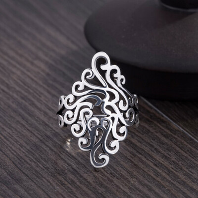 

Adjustable Retro Antique Silver Hollow Flower Tree Leaf Female Ring Fashion Accessories Jewelry