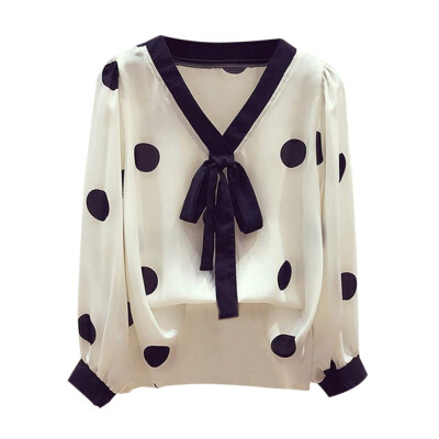 

Chiffon Blouse Top Women Work Office Polka Dot Print Shirt Temperament Casual Long Sleeve V-Neck Blouses Shirts