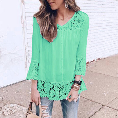 

Womens Tops T-Shirt Summer V-Neck Lace Splicing 34 Sleeve Casual Blouse M3XL