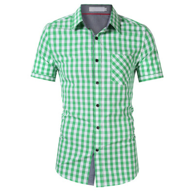 

Tailored Mens Casual Splicing Lapel Plaid Print Pocket Short Sleeve Shirts Tops