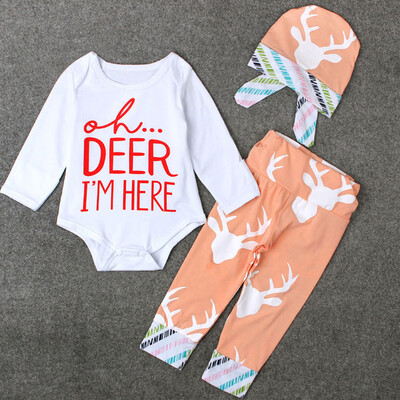

Newborn Baby Girls Top RompersDeer Pants Leggings Cap 3pcs Outfits Set 95