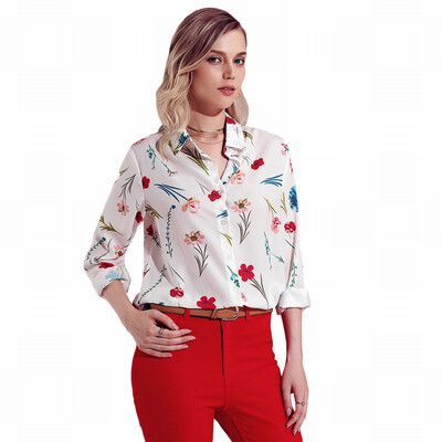 

Suit collar single-breasted long-sleeved printed blouse loose business white-collar shirt