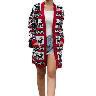 

Women Autumn Christmas Cartoon Pattern Concise Casual All-match Long Sleeve Cardigan