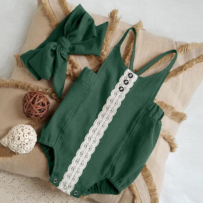 

Newborn Infant Baby Girl Sleeveless Gallus Lace Linen Romper Jumpsuit Hairband