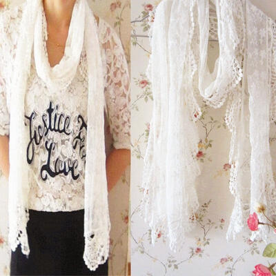 

Gentle Cotton Yarn Lady Party Long Scarf Shawl Embroidery Floral Lace White