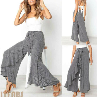 

Womens Palazzo Flared Wide Leg Pants High Waist Loose Culottes Long Trousers